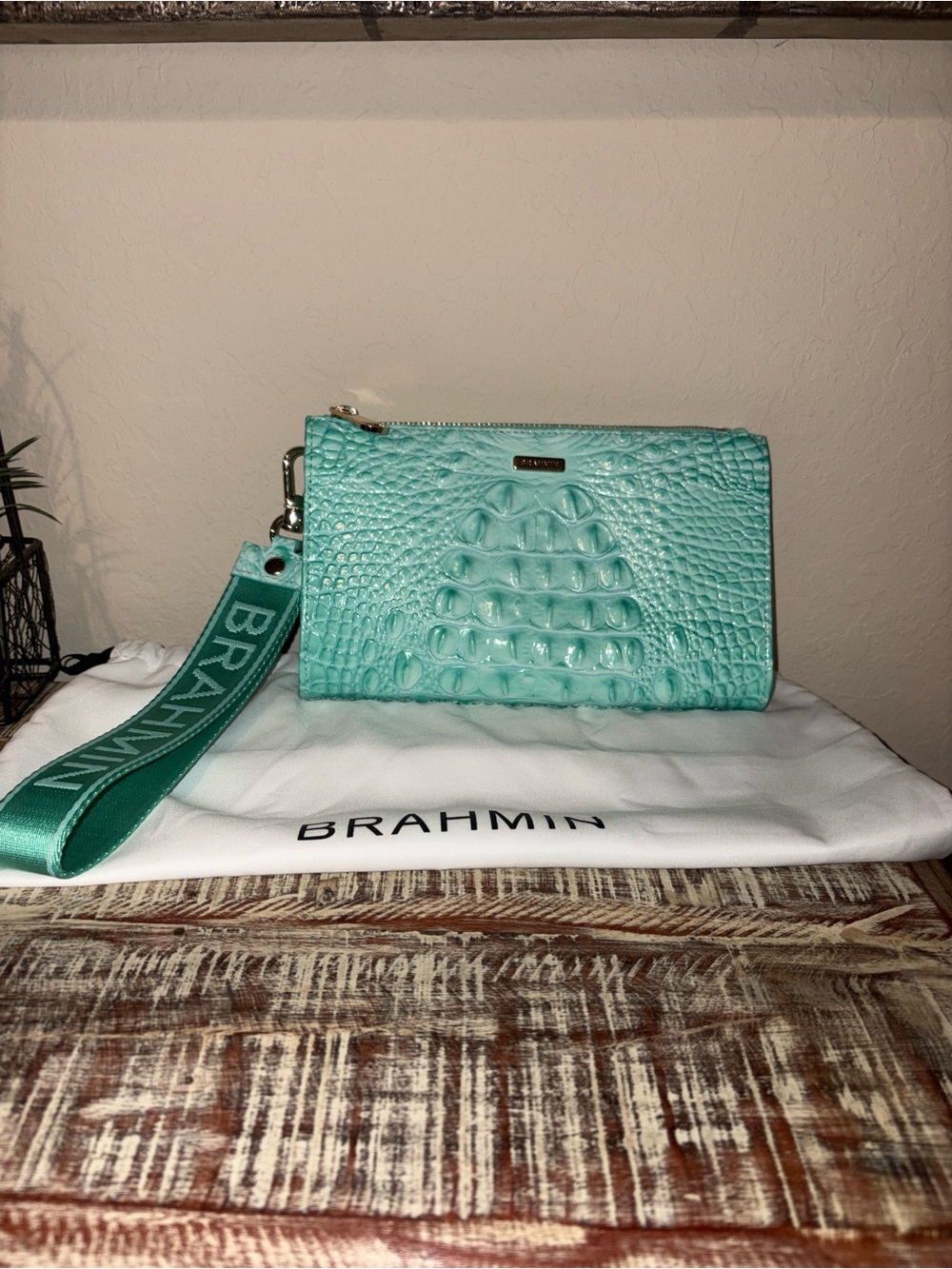 Brahmin Aqua Teal Croc-Embossed Leather Wristlet with Logo Strap